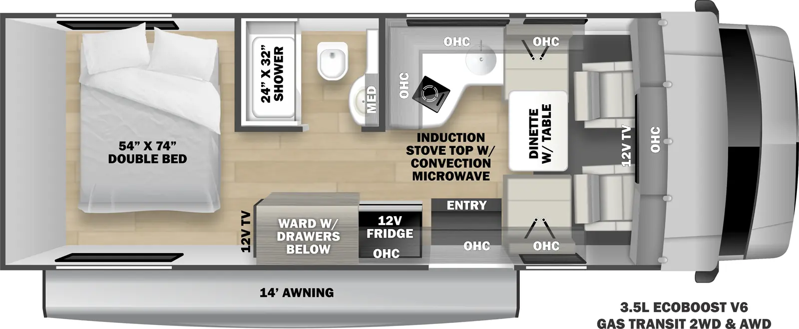 The TS2381 has no slide outs. Exterior features include a 14 ft. awning and it is built on the 3.5L Eco-Boost V6 Gas Transit chassis (2WD & AWD available). Interior layout from front to back includes a: cab over overhead cabinet and 12V TV; opposing side chairs with dinette table; off-door side kitchen with L-shaped countertop and cabinets, induction stove top with convection microwave, and sink; 12V refrigerator to the left of the entry door; off-door side bathroom with 24 x 32 shower, toilet, sink and medicine cabinet; wardrobe with drawers across from bathroom; rear bedroom with 54 x 74 double bed and 12V TV.